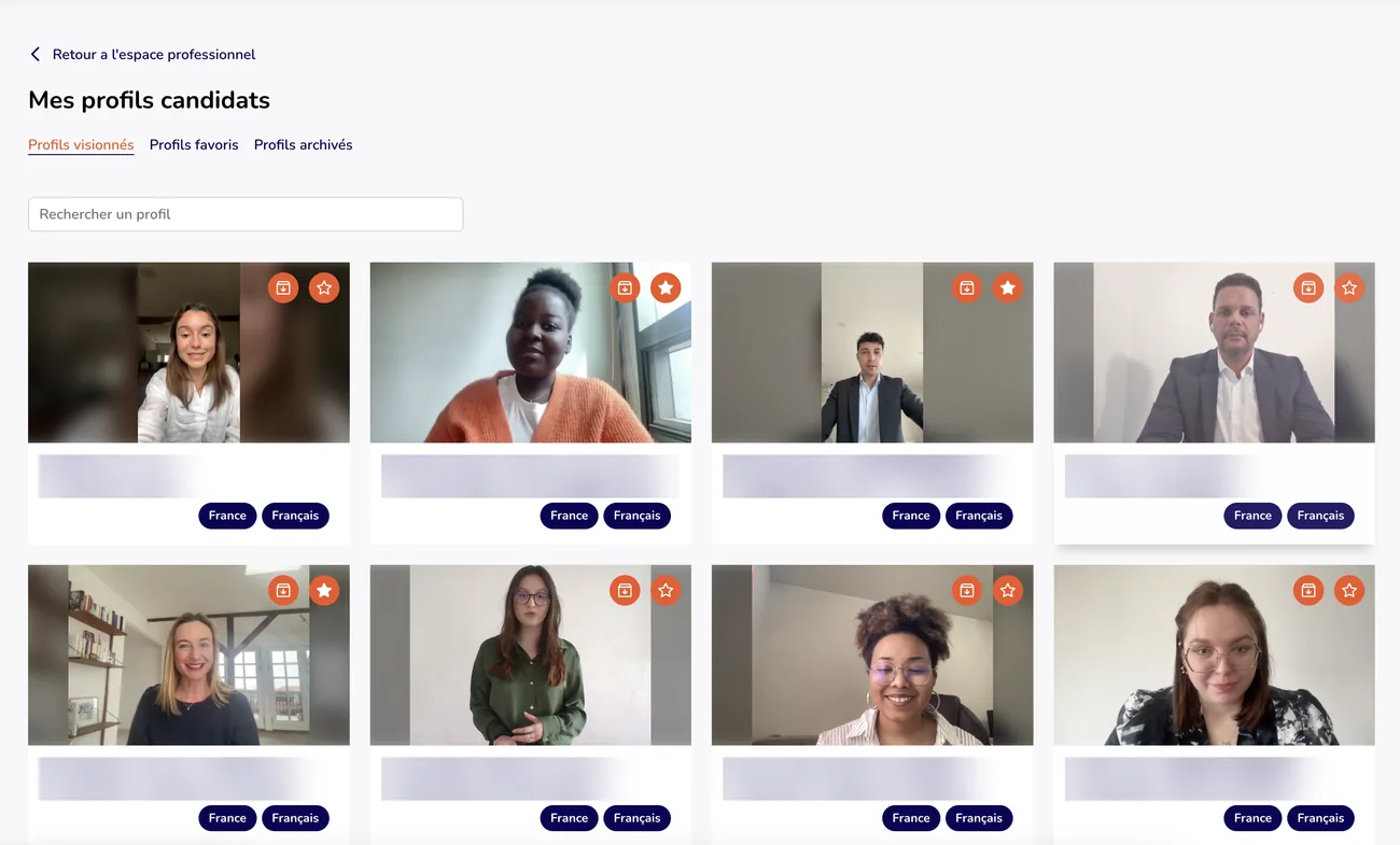 The professional workspace: a grid of student video profiles, with search, favorites and archives